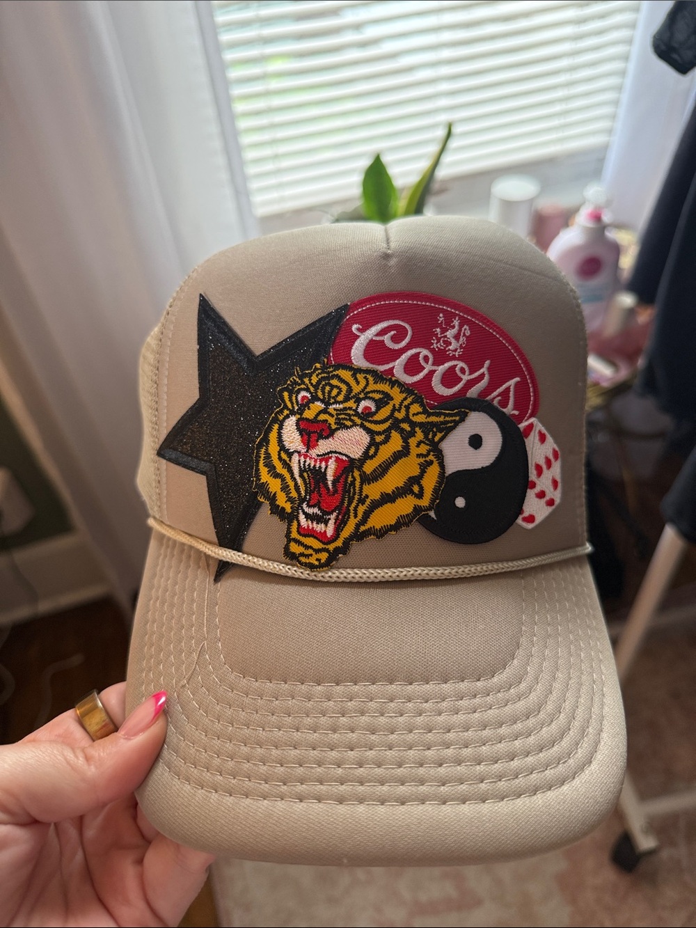 Beige Custom Trucker Hat with Tiger Patch
